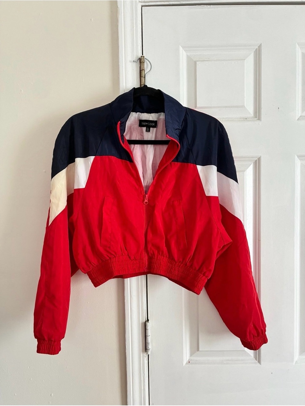 New Look Red Navy White Cropped Colorblock Bomber Jacket